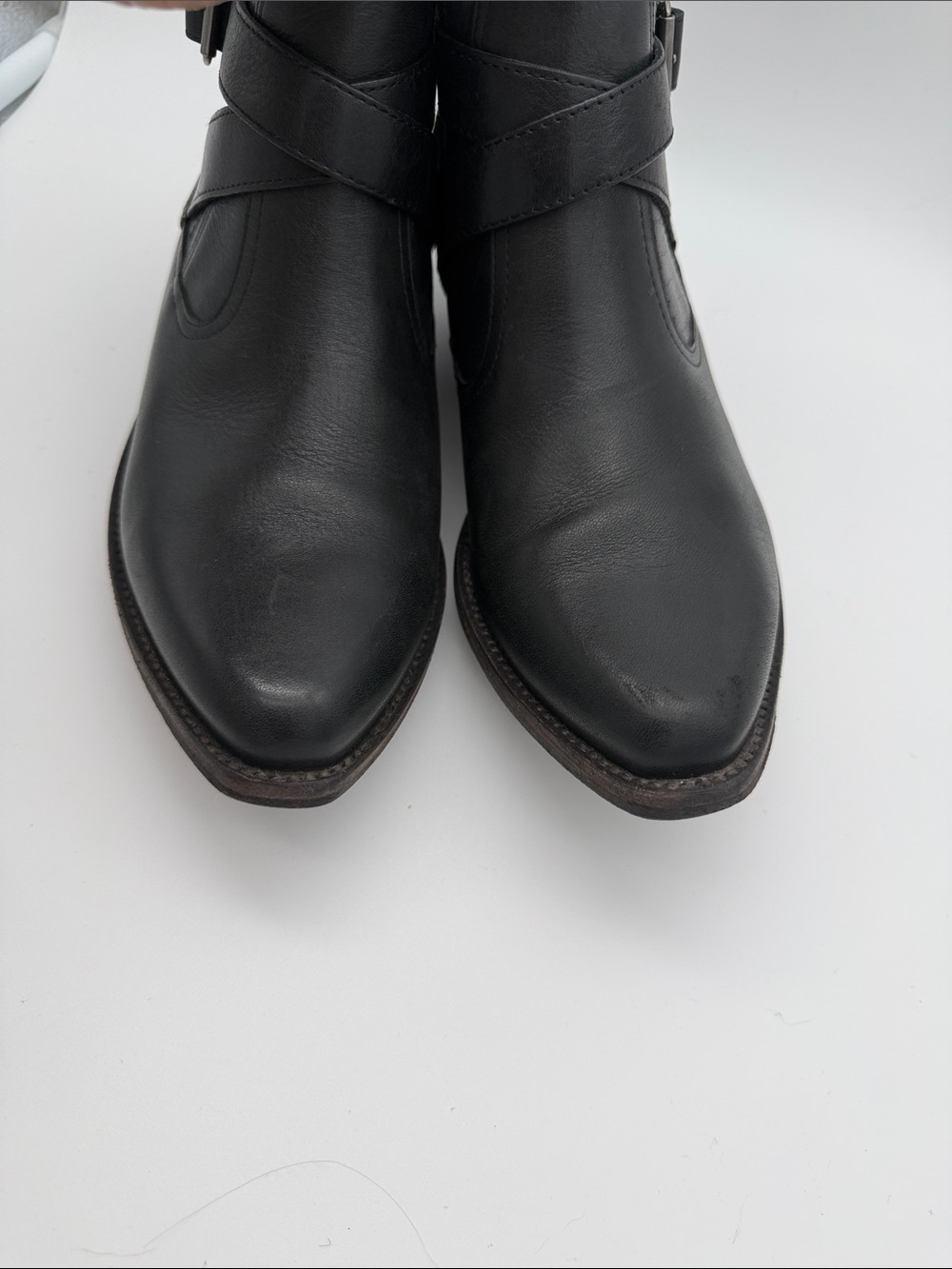 All Saints Western Style Ankle Booties Black Leather Boots Belt Sz 8 Pointed Toe - Picture 10 of 16